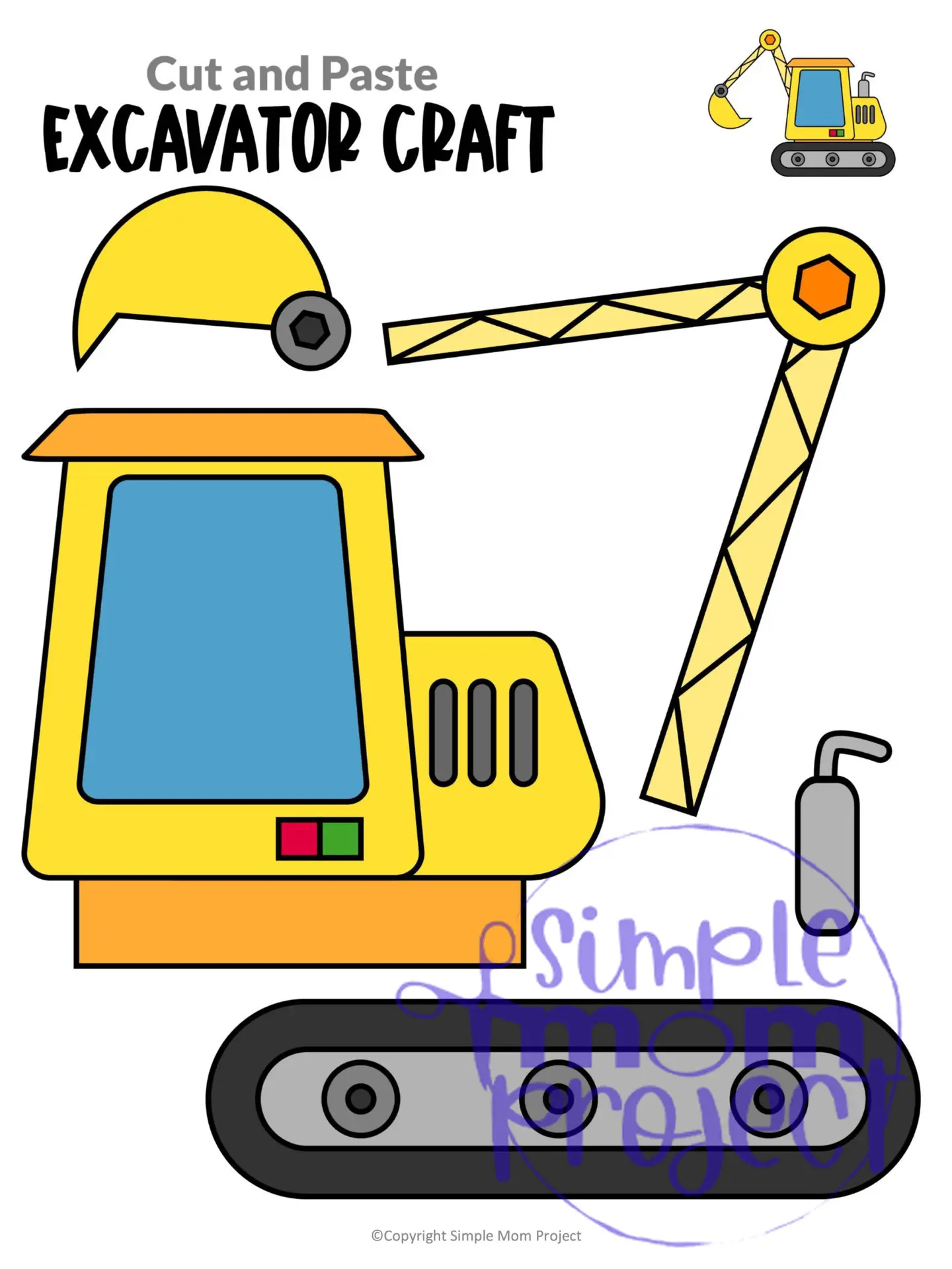 Printable Excavator Craft Transportation Vehicle Template for Kids, Preschool, Toddlers, Kindergarten Kids
