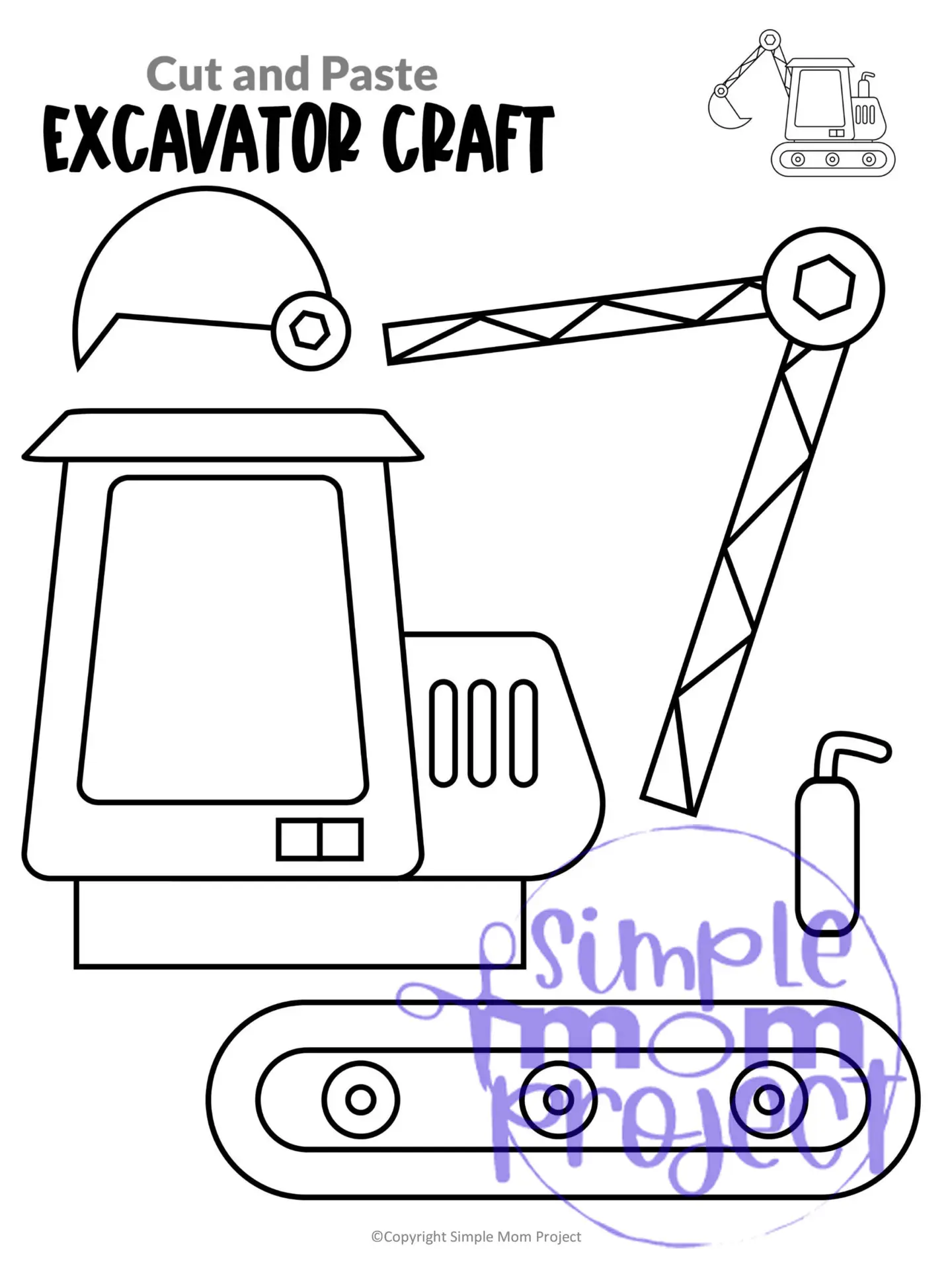 Printable Excavator Craft Transportation Vehicle Template for Kids, Preschool, Toddlers, Kindergarten Kids 1