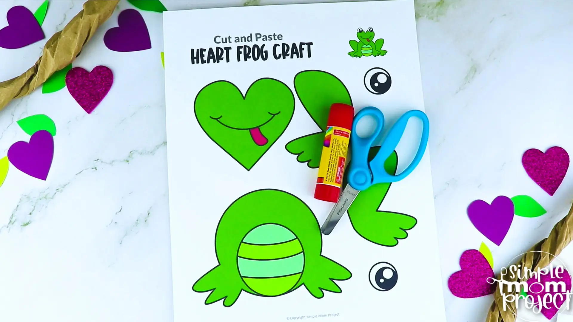 Are you looking for a simple heart shaped craft template for your kids? This adorable cut and paste heart frog craft is perfect for you! Your kids will enjoy coloring, cutting and sticking together the printable heart frog patterns. Whether you use this as creative art projects for toddlers, preschoolers or kindergartners or to learn about frogs during homeschooling, this cut and paste heart-shaped frog craft is a great fun for everyone!