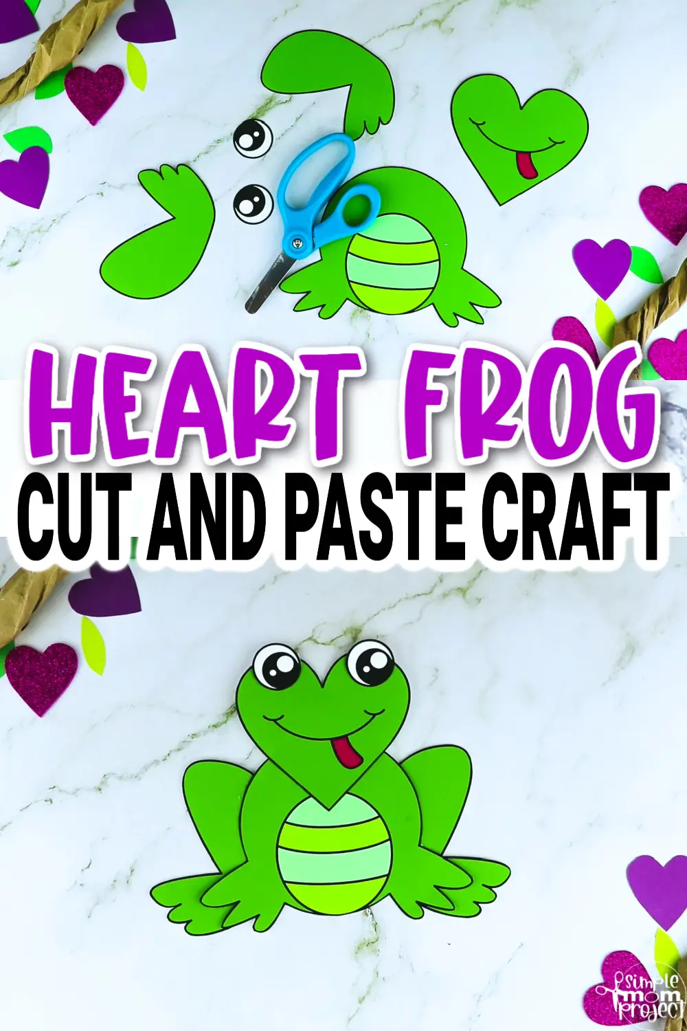 Are you looking for a simple heart shaped craft template for your kids? This adorable cut and paste heart frog craft is perfect for you! Your kids will enjoy coloring, cutting and sticking together the printable heart frog patterns. Whether you use this as creative art projects for toddlers, preschoolers or kindergartners or to learn about frogs during homeschooling, this cut and paste heart-shaped frog craft is a great fun for everyone!
