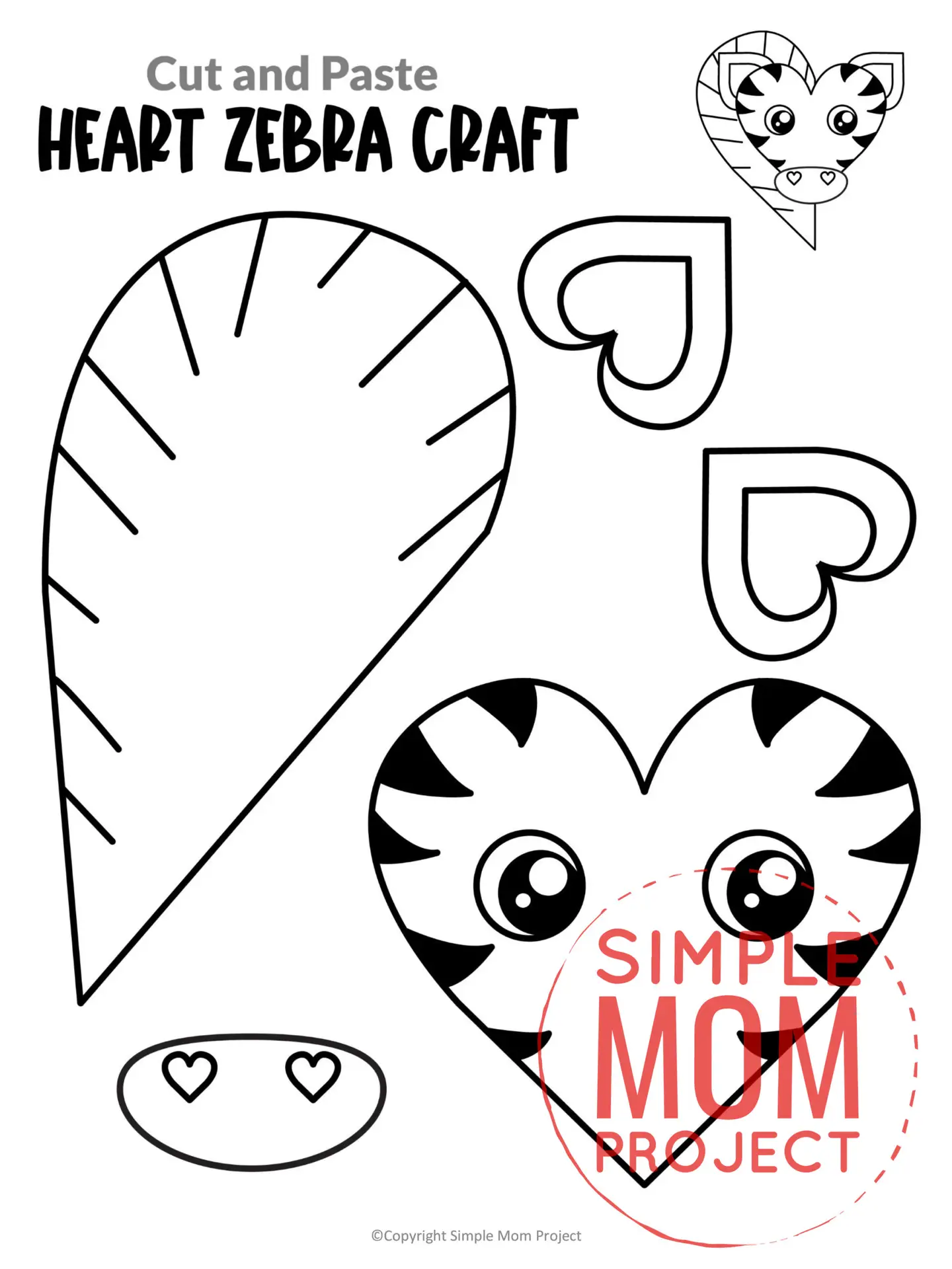 Printable Heart Zebra Craft for Kids, Preschool, Toddlers, kindergarten 15