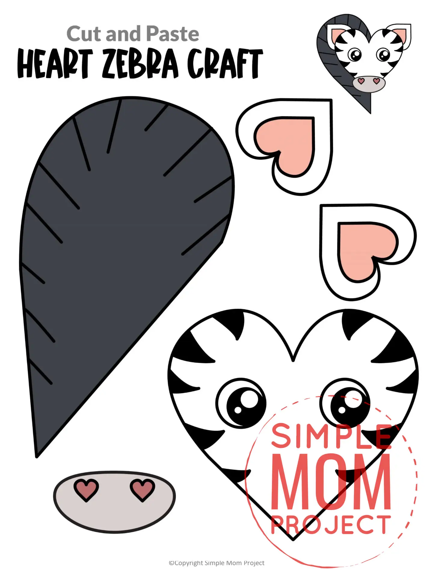 Printable Heart Zebra Craft for Kids, Preschool, Toddlers, kindergarten 16
