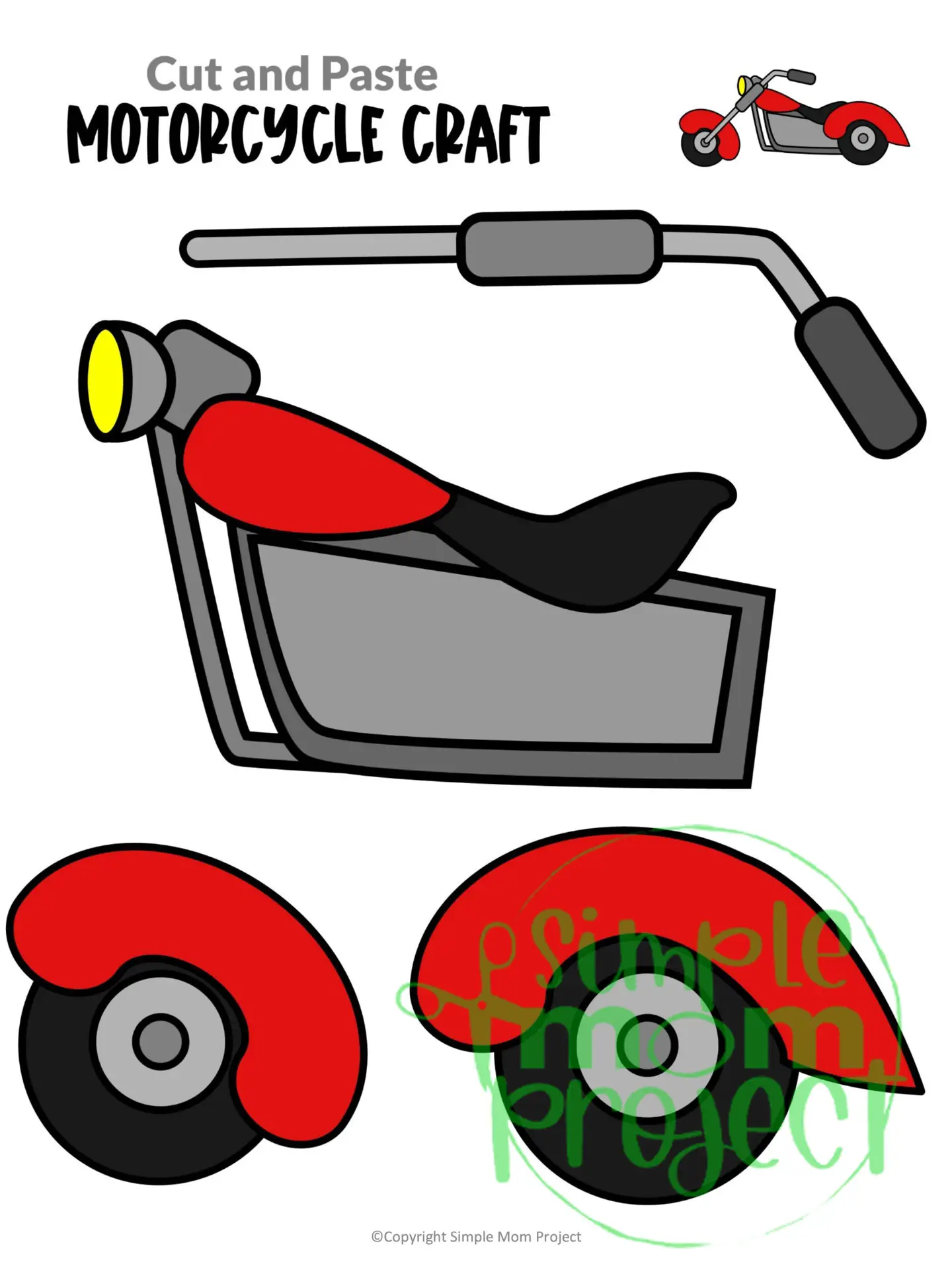 Printable Motorcycle Craft Transportation Vehicle Template for Kids, Preschool, Toddlers, Kindergarten Kids