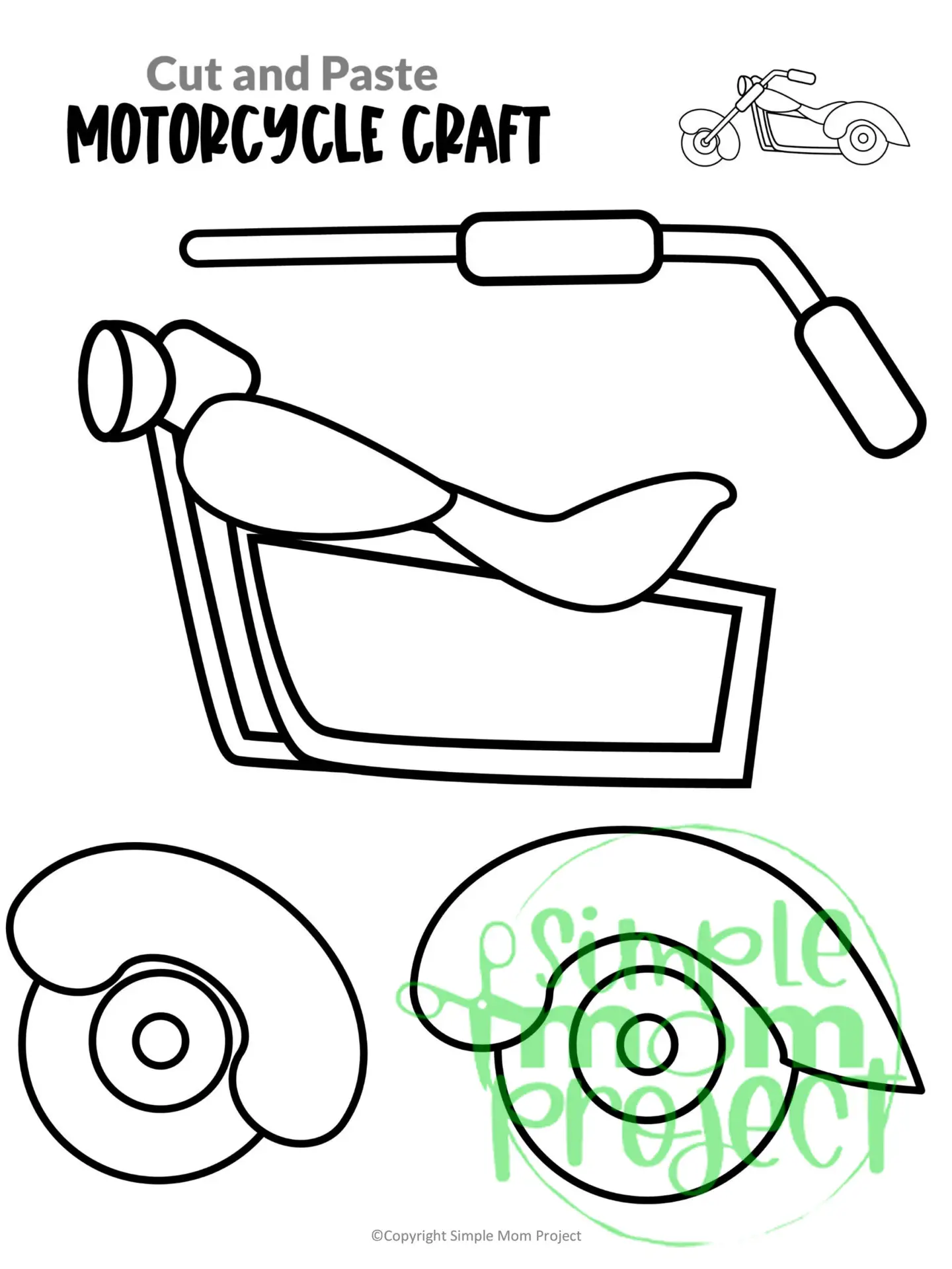Printable Motorcycle Craft Transportation Vehicle Template for Kids, Preschool, Toddlers, Kindergarten Kids 1