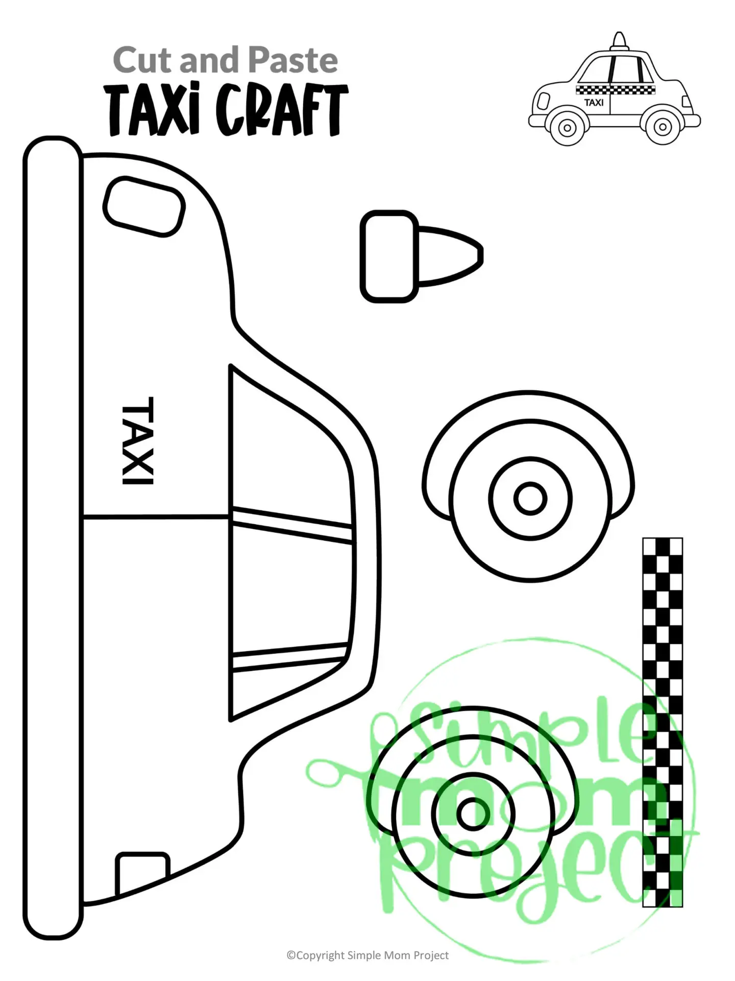 Printable Taxi Cab Craft Transportation Vehicle Template for Kids, Preschool, Toddlers, Kindergarten 1