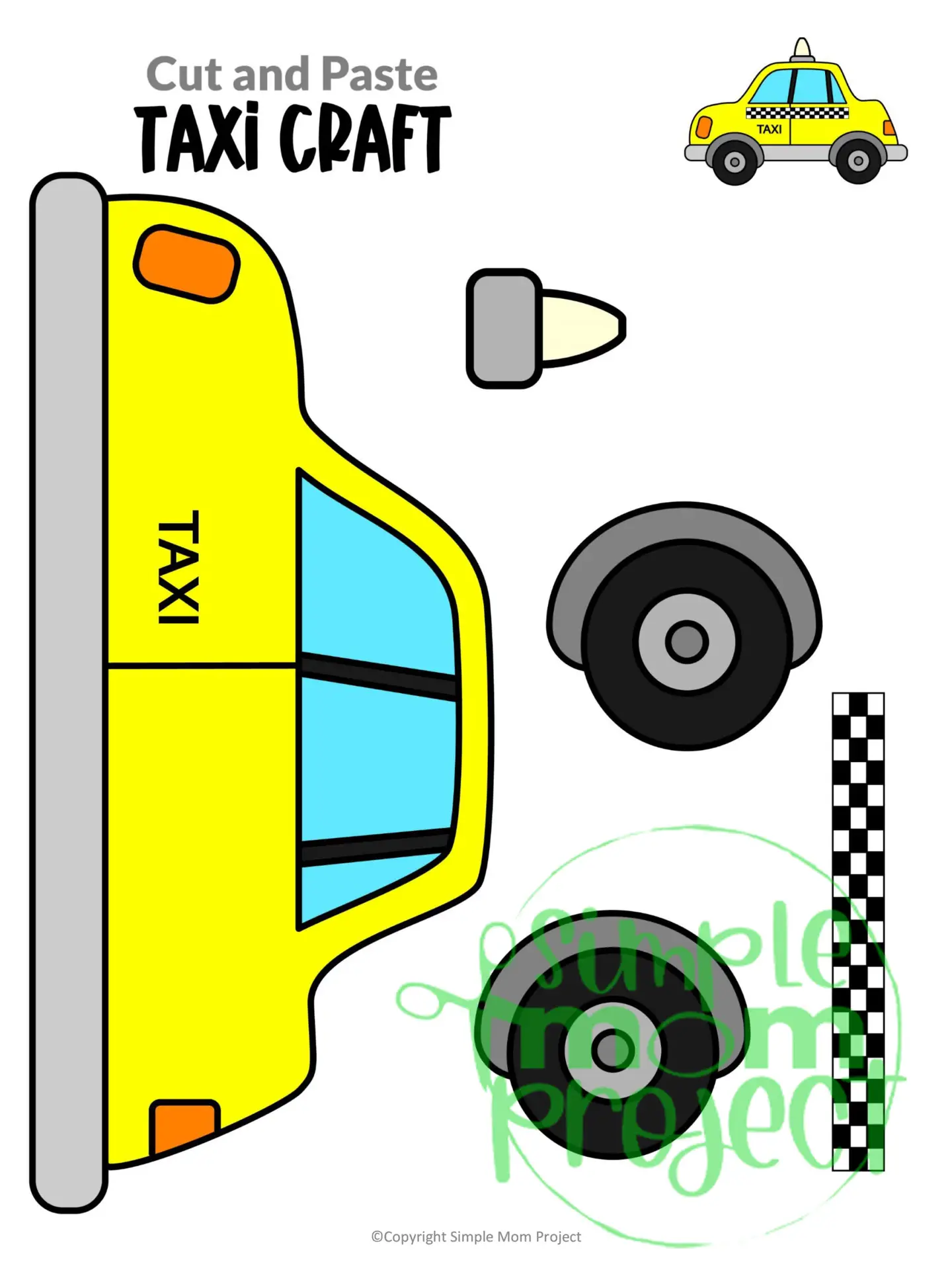Printable Taxi Cab Craft Transportation Vehicle Template for Kids, Preschool, Toddlers, Kindergarten 1