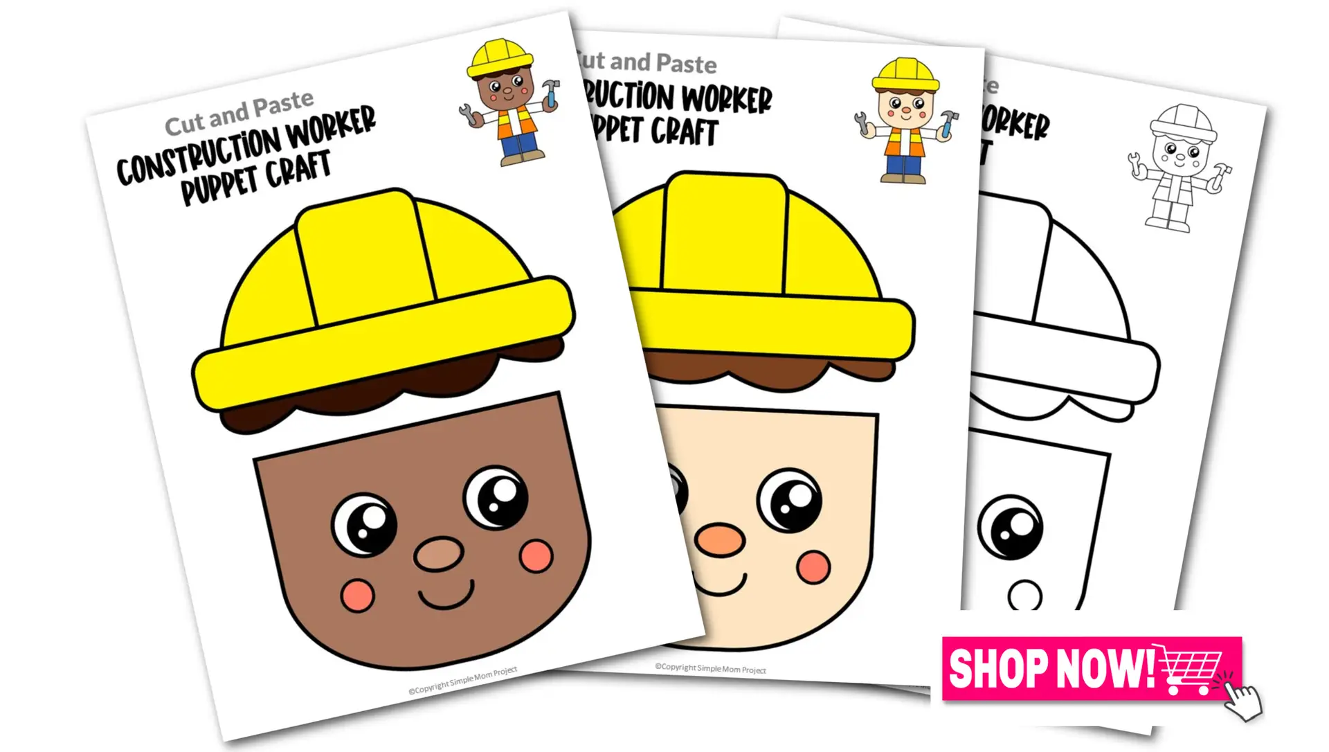 Printable Construction Worker Paper Bag Puppet Community Helper Craft for Toddler, Preschool and Kindergarten Kids