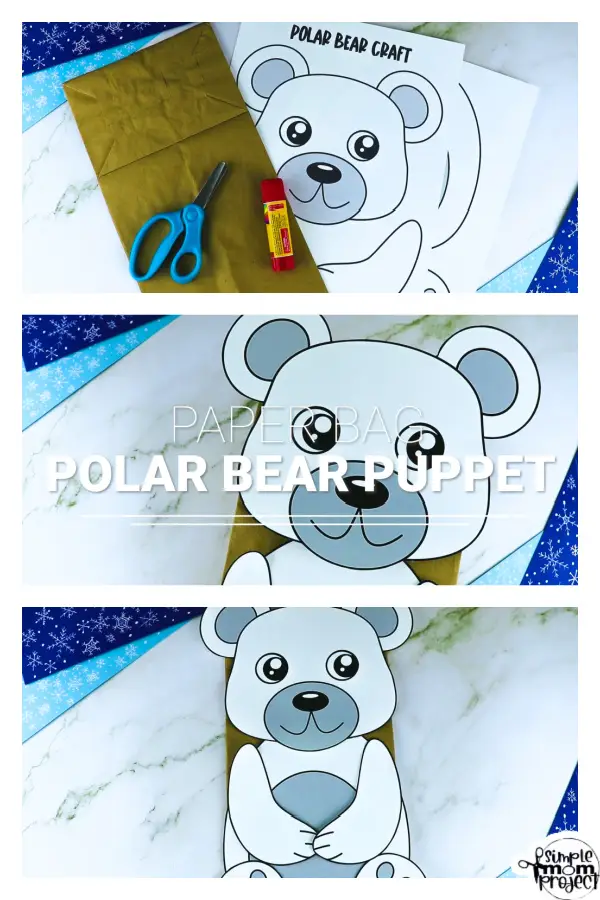 Printable Polar Bear Paper Bag Puppet Craft for Kids, Preschoolers, Toddlers, kindergarten elementary polar bear crafts winter crafts