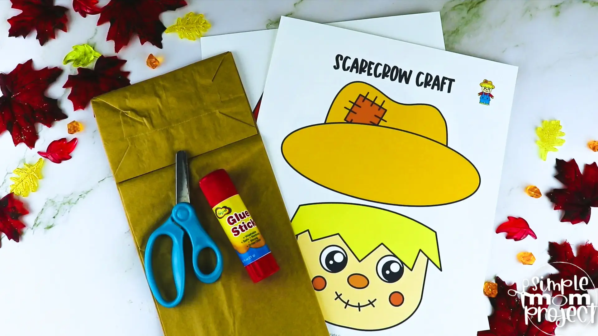 Printable Scarecrow Paper Bag Puppet Craft for Kids, Preschoolers, Toddlers, kindergarten elementary fall crafts autumn crafts 4