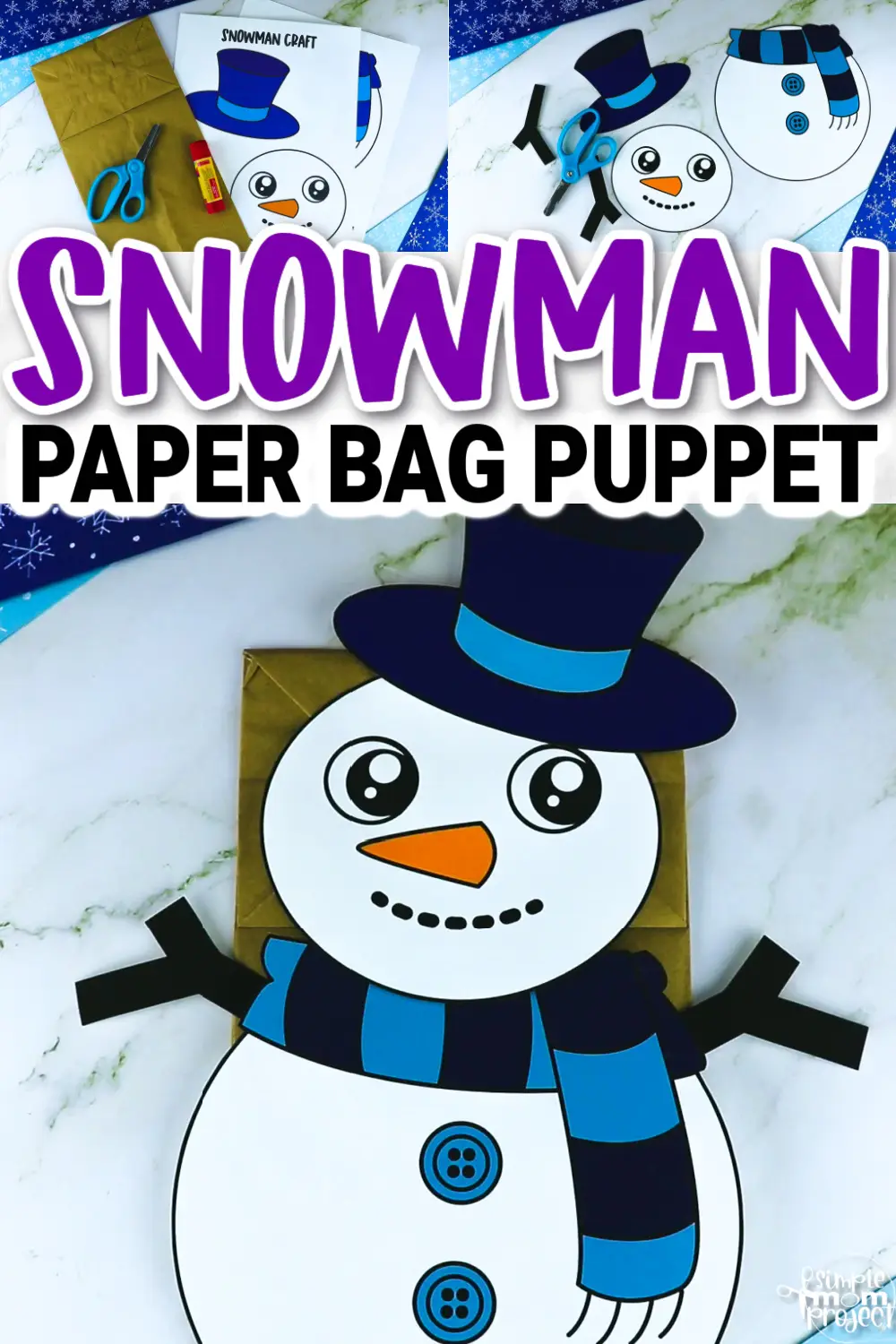 Printable Snowman Paper Bag Puppet Craft for Kids, Preschoolers, Toddlers, kindergarten elementary snowman crafts winter crafts