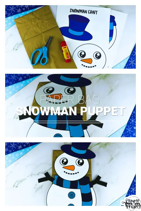 Printable Snowman Paper Bag Puppet Craft for Kids, Preschoolers, Toddlers, kindergarten elementary snowman crafts winter crafts