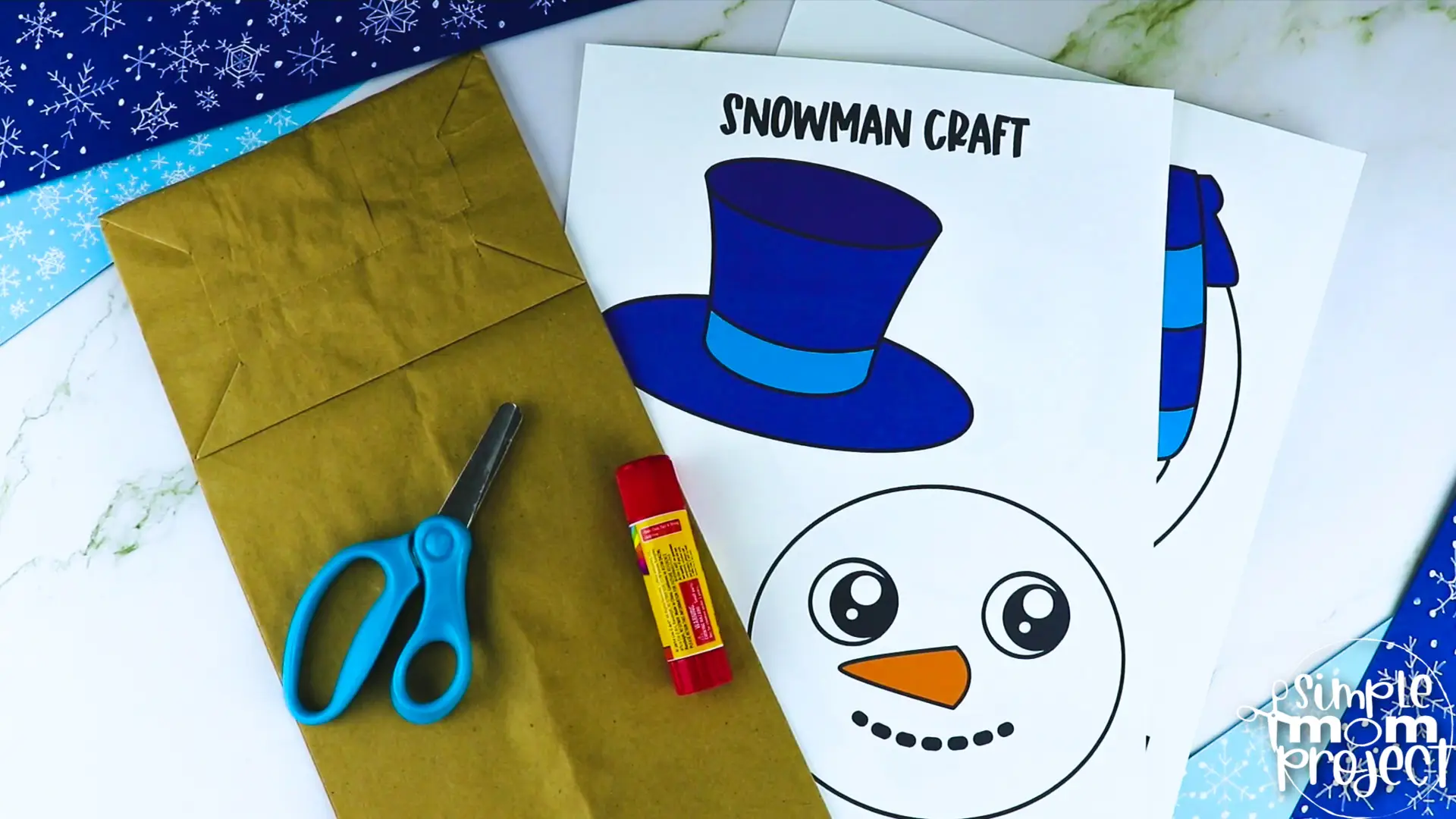 Printable Snowman Paper Bag Puppet Craft for Kids, Preschoolers, Toddlers, kindergarten elementary snowman crafts winter crafts