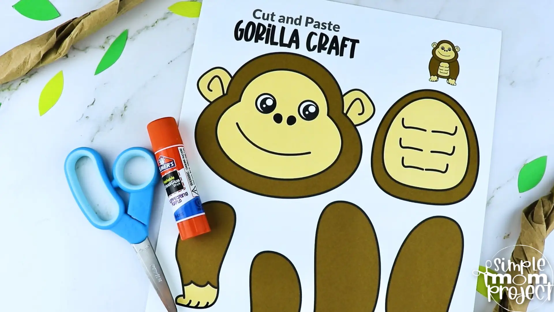 Printable Gorilla Craft Template for Kids Preschool Toddler elementary nursing home