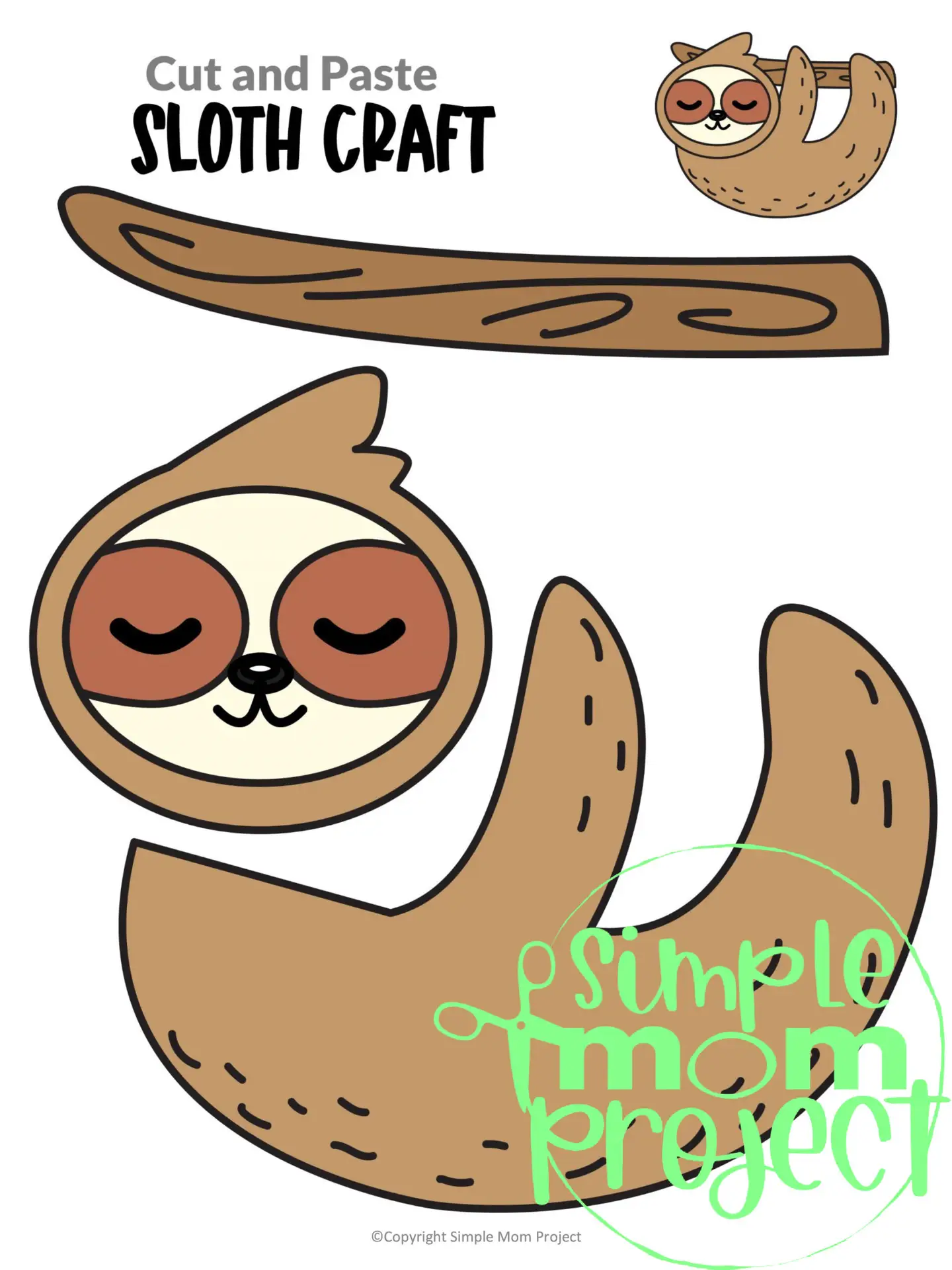 Printable Sloth Craft Template for Kids Preschool Toddler elementary nursing home 2