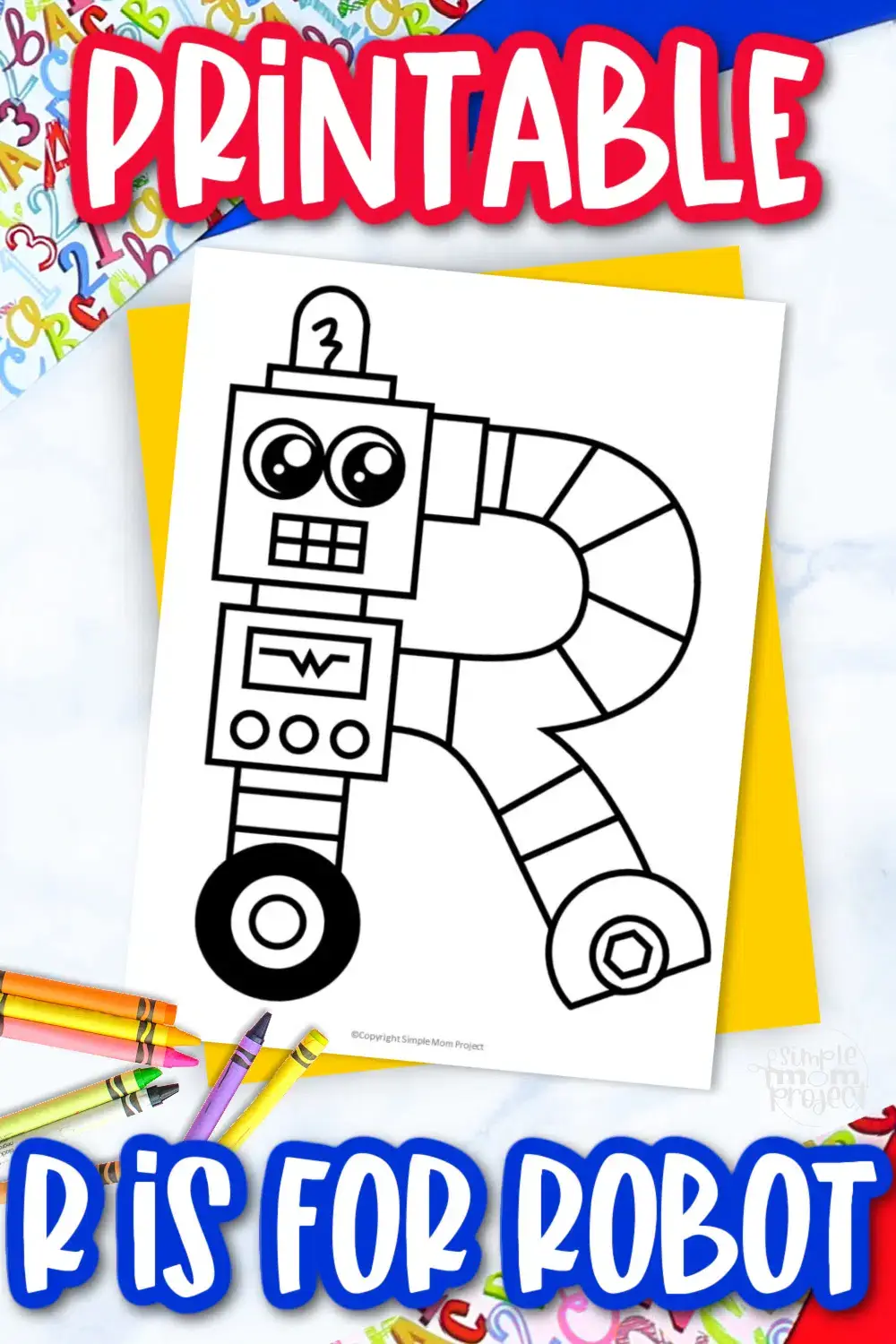 Letter R is for Robot coloring page for kids preschoolers toddlers kindergarten elementary