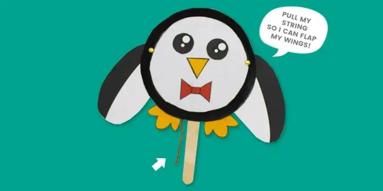 DIY flapping paper plate penguin puppet