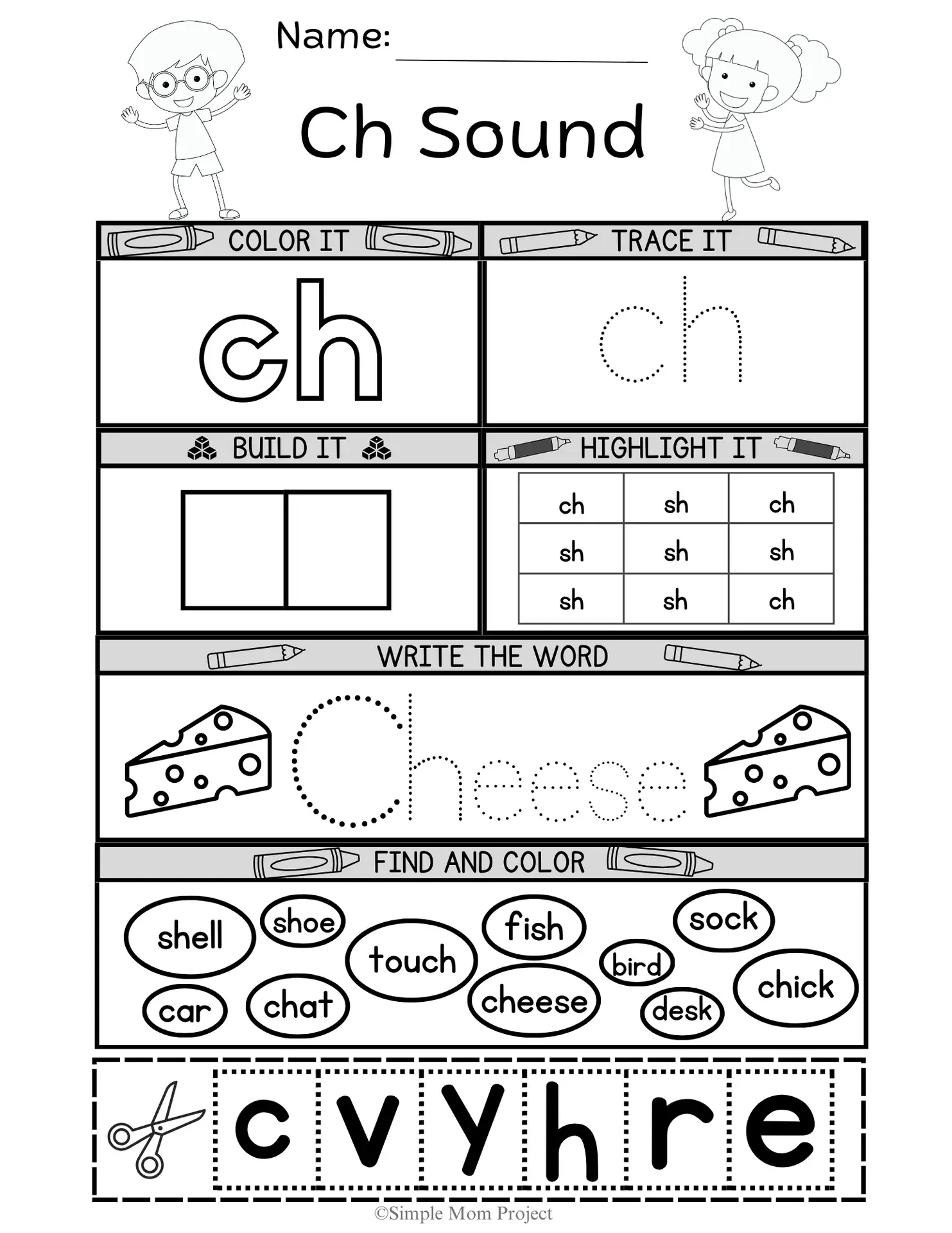 CH sounds worksheet for kids, toddlers, preschoolers and kindergartens