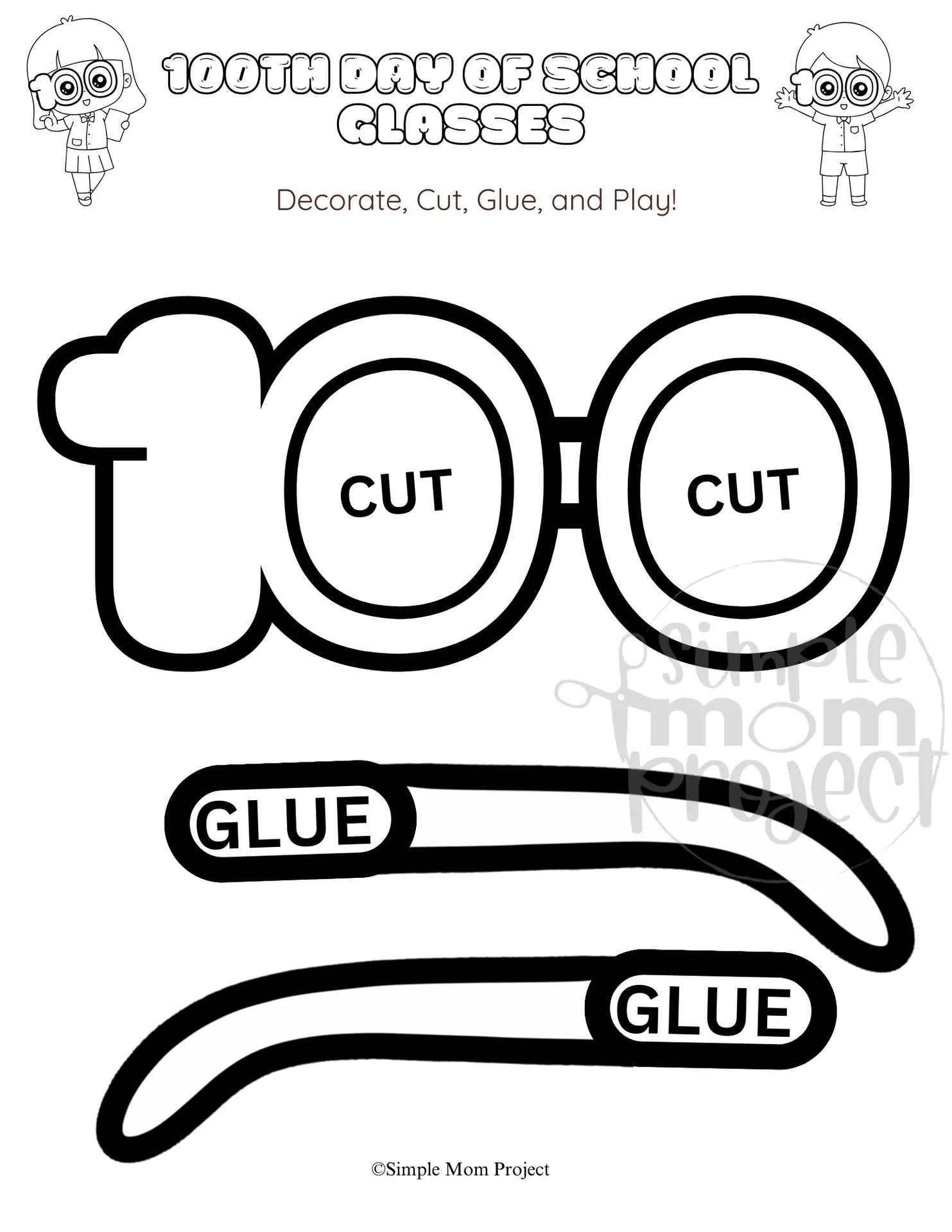 100th Day Free printable school glasses template for toddlers, preschoolers, kindergarten kids