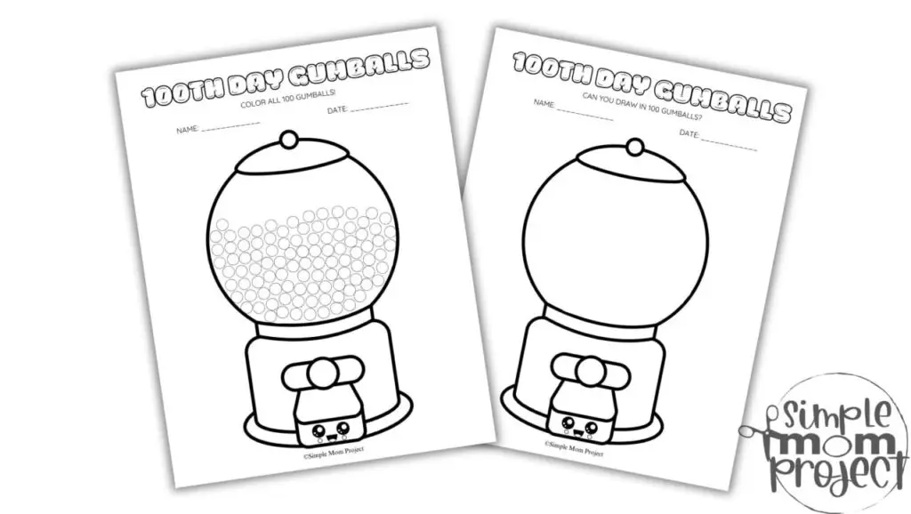 Free Printable 100th Day Gumball Template for toddlers, preschoolers and kindergarten kids
