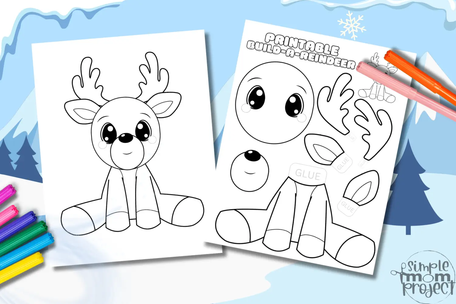 B&W Printable Build-a-Reindeer Craft Template Flatlay for kids
