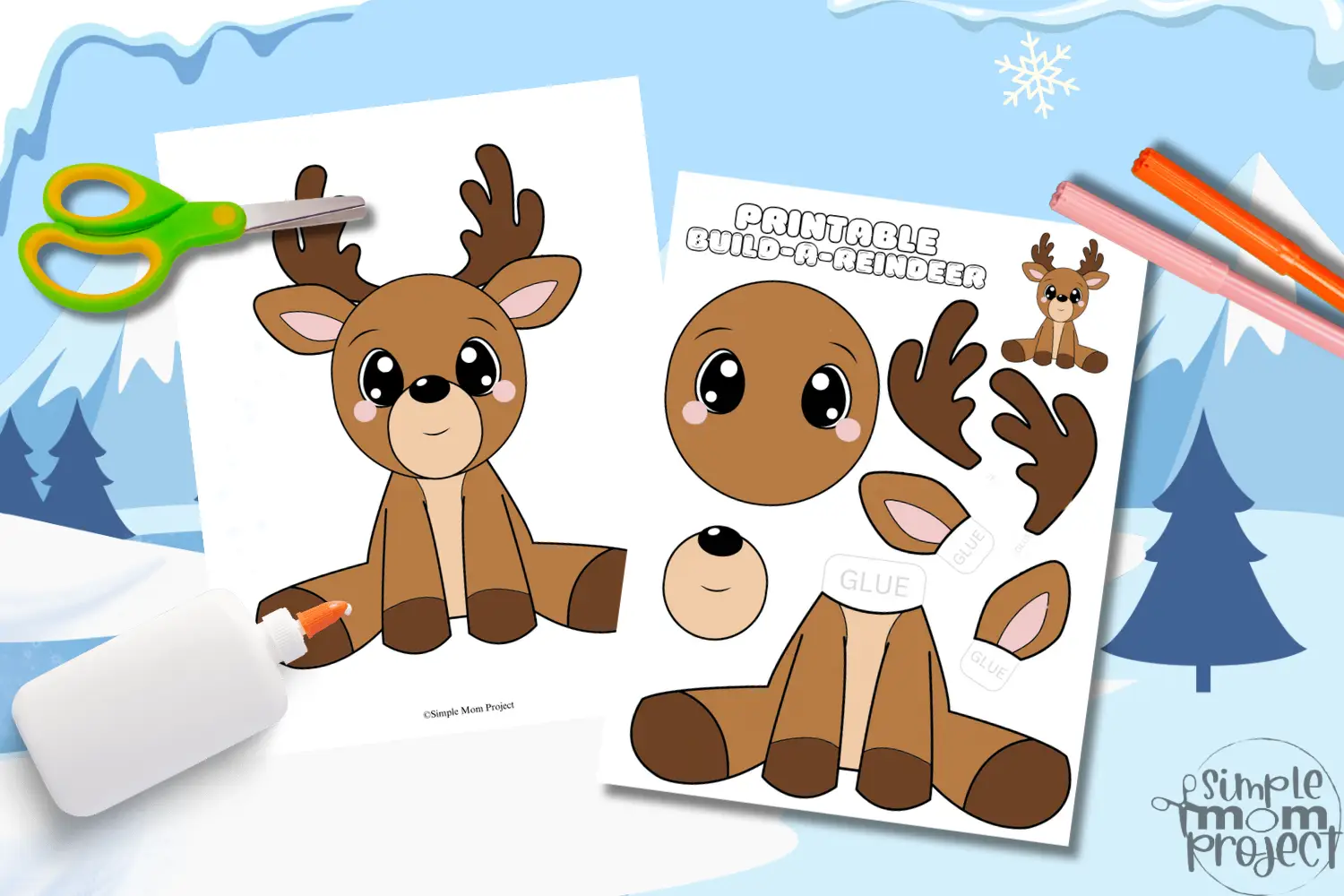 Colored Printable Build-a-Reindeer Craft Template Flatlay for kids