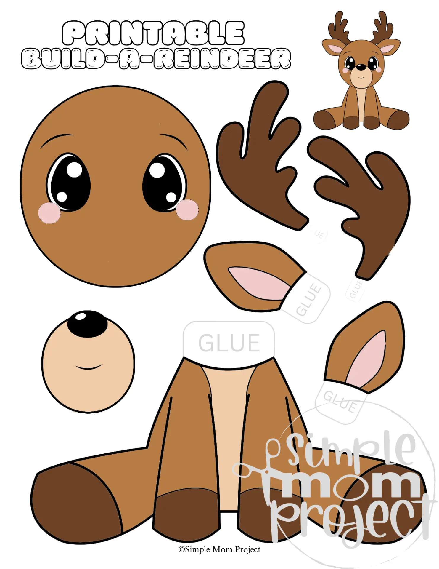 Colored Printable Build-A-Reindeer Craft Template for toddlers, preschoolers and kindergarten kids