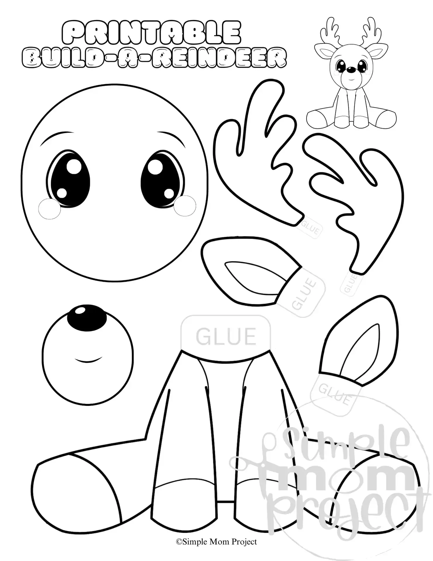 B&W Printable Build-A-Reindeer Craft Template for toddlers, preschoolers and kindergarten kids