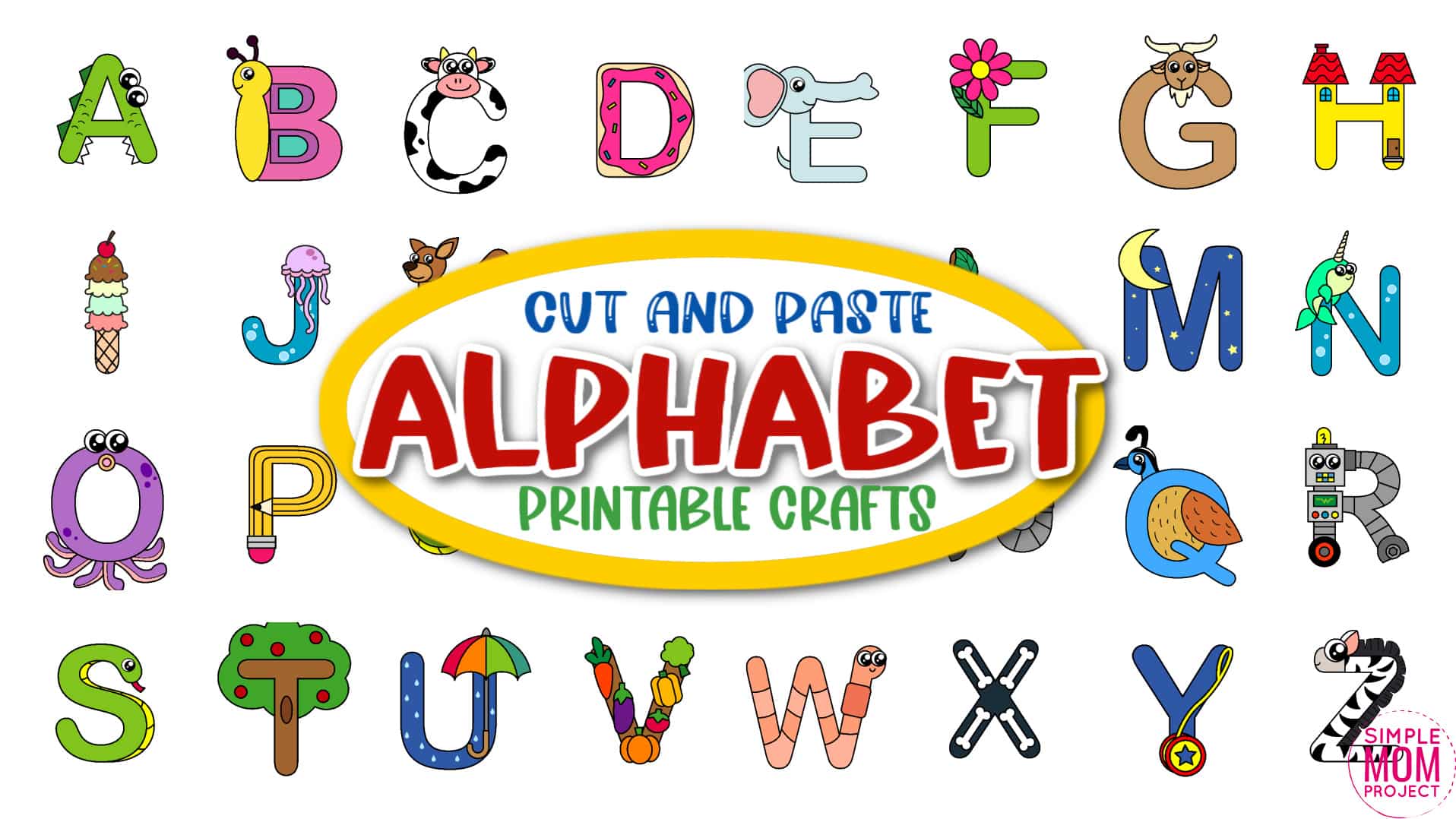Are you looking for a fun preschool letter crafts simply for your kinder or toddler class? These a to z craft letter animals can be an uppercase coloring activity or print and go. You can even glue any of these fun alphabet crafts to a paper plate and your kids will have a blast! Grab the whole book and print and download all the alphabet crafts now!